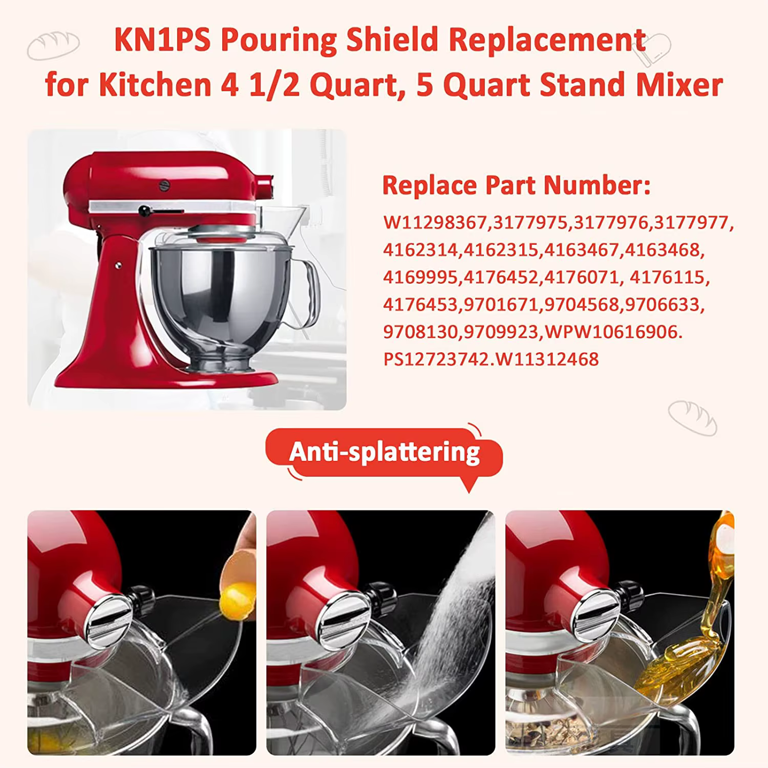Support de Protection de Vidange KN1PS Lavable au Lave-Vaisselle, Couvercle de Vidange KN1PS 4.5-5 quarts, Compatible avec le Bouclier Verseur pour KitchenAid