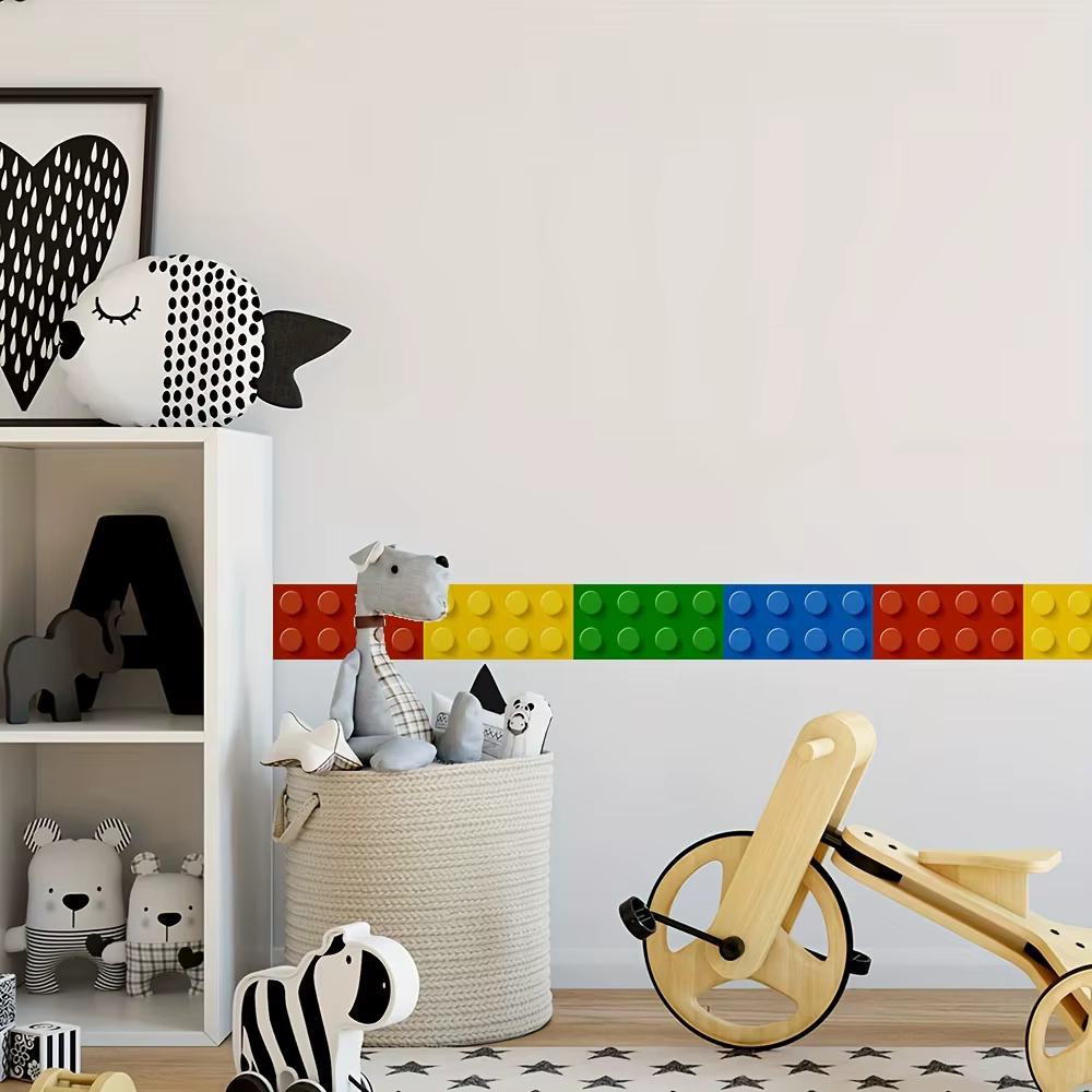 Autocollants de bordure murale auto-adhésifs imperméables, Style bloc de construction, pour la décoration de la maison, amovibles et réutilisables, 1 pièce
