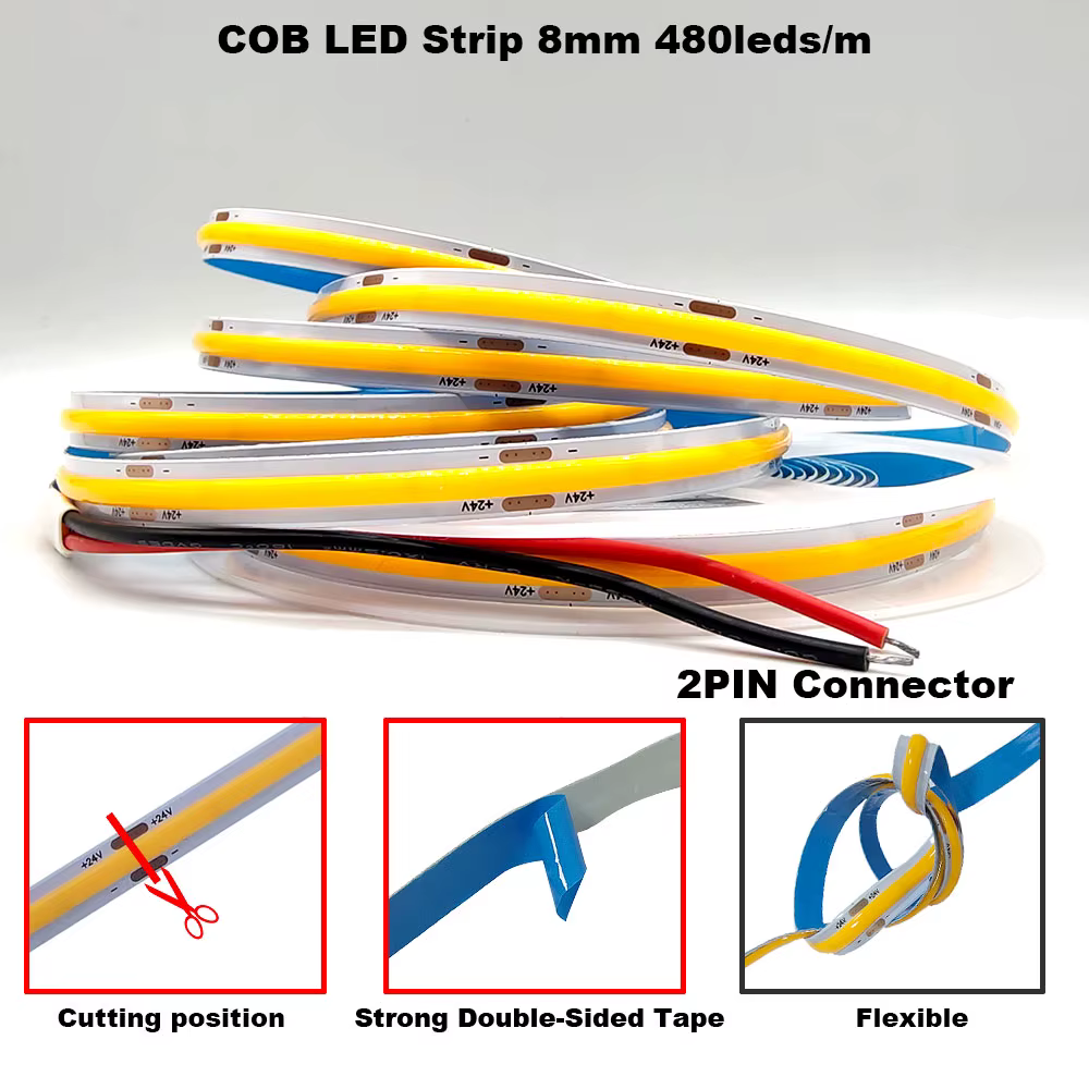 Bande LED COB 12V 24V 5mm/8mm PCB 400/480LED s/m bande LED Flexible rouge/vert/bleu/rose/bleu glace/jaune pour la décoration de la maison lumières LED
