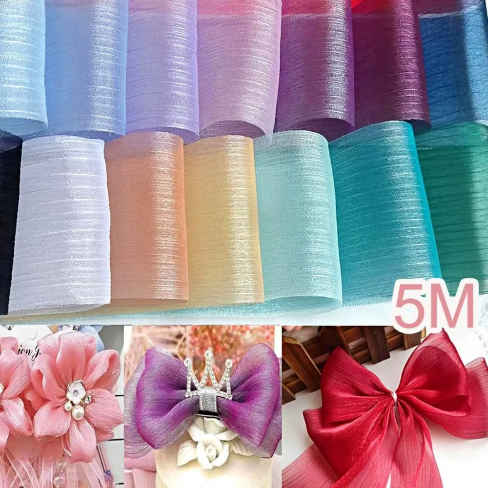 Nouveau Ruban en mousseline de soie plissée de 5M, 6cm de large, bricolage, fil de Tulle, ruban à nœud, Bouquet de coiffure