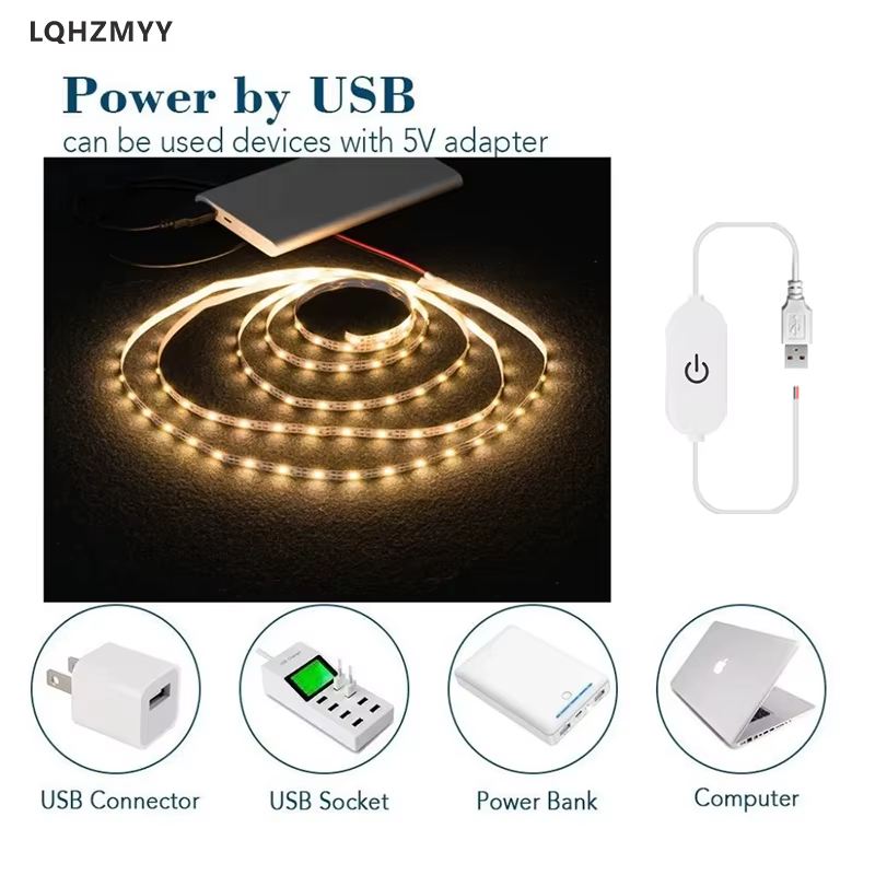 1 bande lumineuse LED avec contrôle tactile et variateur d'intensité, basse tension 5V, alimentée par USB, interrupteur tactile, pression longue durée pour ajuster la luminosité, peut être coupée en d