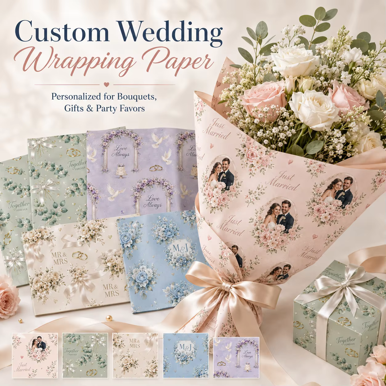 Papier d'emballage pour fleurs personnalisé, papier d'emballage pour bouquets imprimé sur mesure pour les cadeaux de mariage, la décoration de fête, les emballages floraux faits à la main