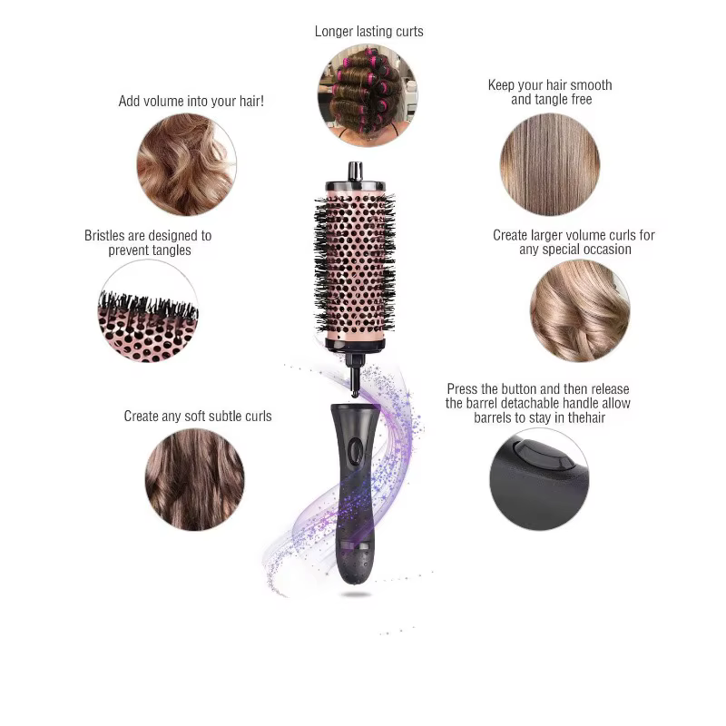 Brosse à cheveux ronde avec pinces de positionnement pour le séchage et le coiffage, ensemble de brosses à cheveux rondes détachables avec manche amovible