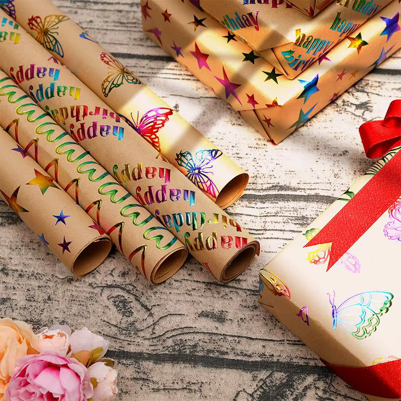 1 rouleau de papier cadeau 43x300cm Joyeux anniversaire Saint-Valentin, papier kraft jaune rétro, papier d'emballage coloré avec dorure