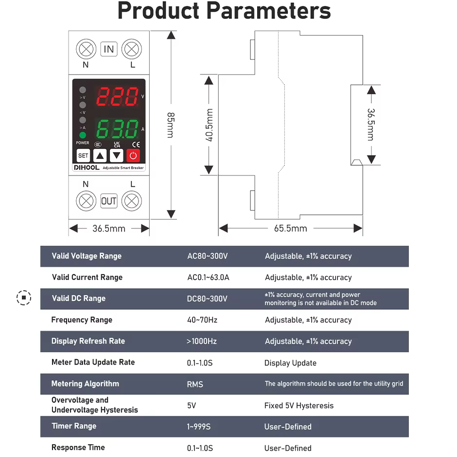 Protecteur de tension et de courant réglable 110/220V 80-300V Universel Monophasé AC DC Protection 1~63a Auto-réinitialisation