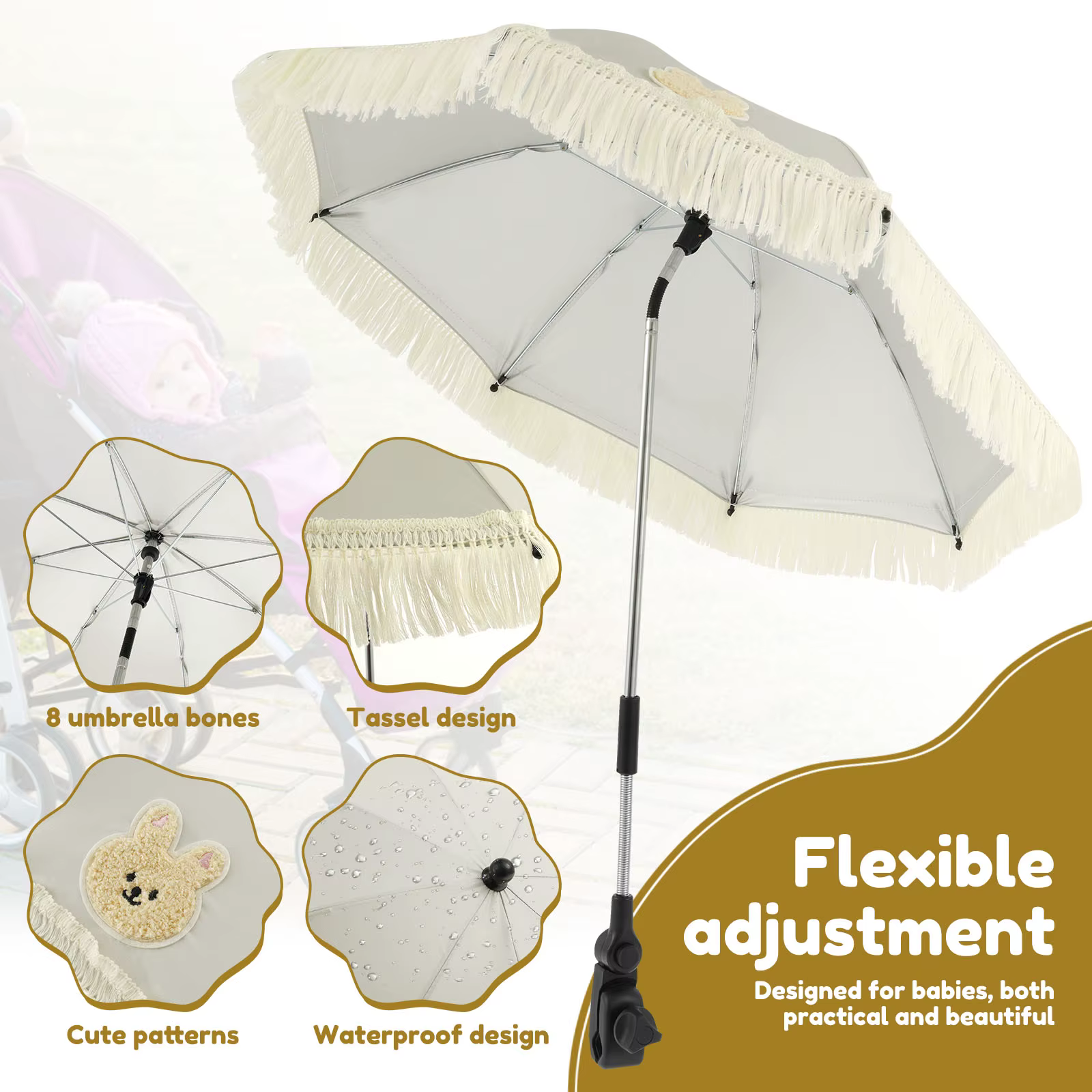 Parapluie de poussette pour bébé, Parasol de Protection UV, imperméable, pompon universel, mignon, réglable, accessoires de couverture