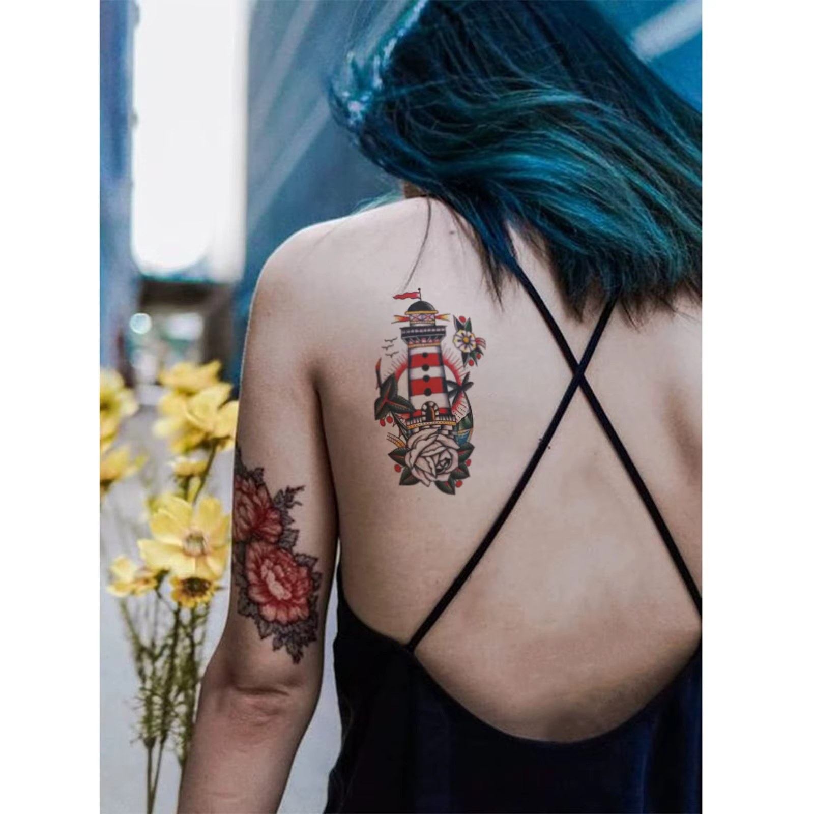 Tatouages temporaires pour femmes hommes Vintage plume fleur tatouages temporaires pour femmes classique épée Globe phare pour hommes