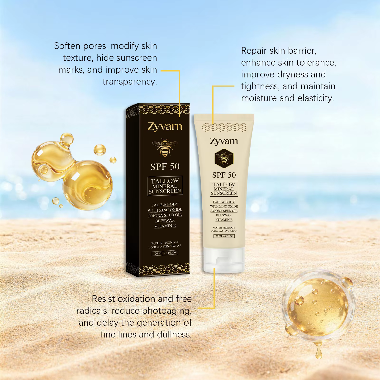 Crème solaire minérale au suif de bœuf biologique SPF 50, formule naturelle, protection solaire complète pour le visage et le corps, protection solaire quotidienne pour l'été en plein air