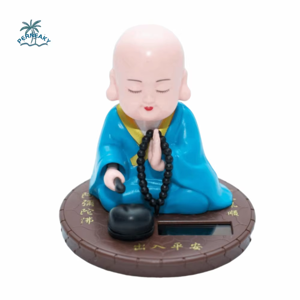 Bouddha Solaire Qui Hoche la Tête pour la Prière et la Prospérité, Figurines Artisanales Décoratives de Moine Bouddhiste en Bois