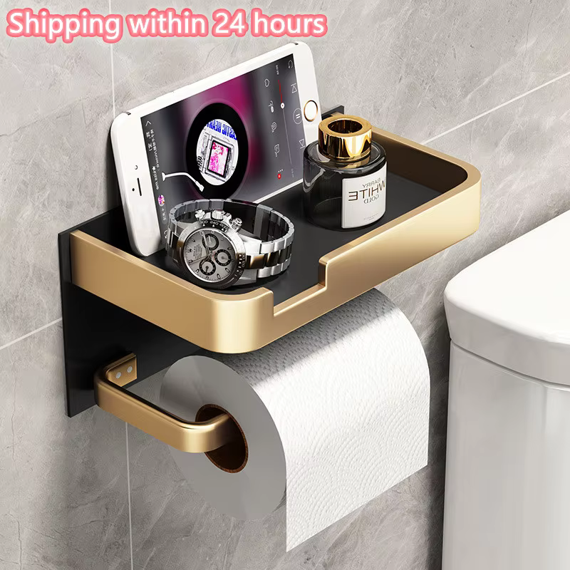 Rouleau de toilette et support de téléphone sans trous, noir et or, installation facile, accessoires HOToilet