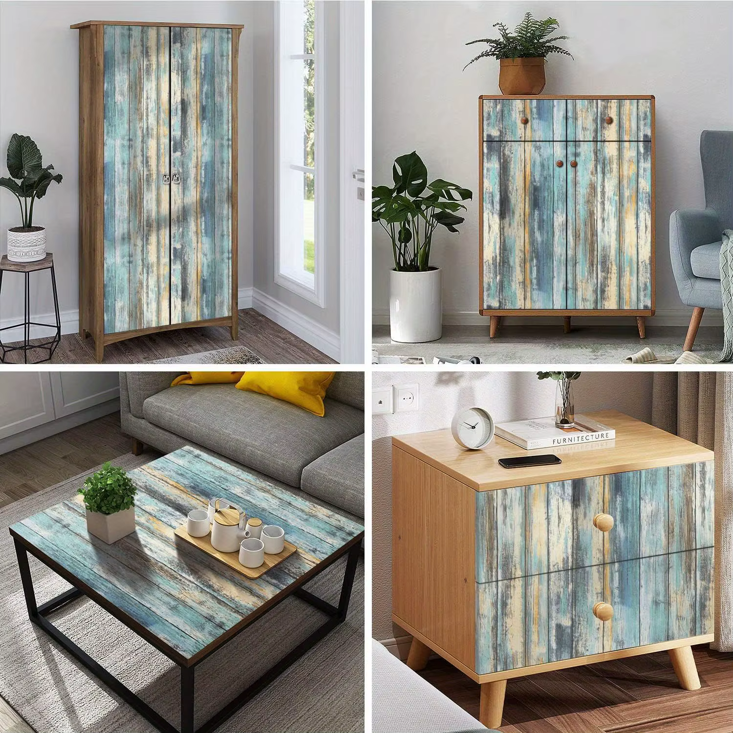 1 rouleau de papier adhésif auto-adhésif à grain de bois bleu vieilli
