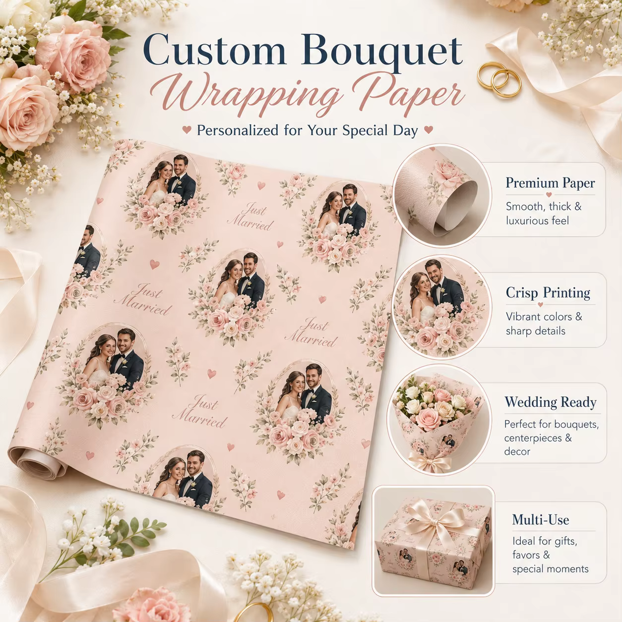 Papier d'emballage pour fleurs personnalisé, papier d'emballage pour bouquets imprimé sur mesure pour les cadeaux de mariage, la décoration de fête, les emballages floraux faits à la main