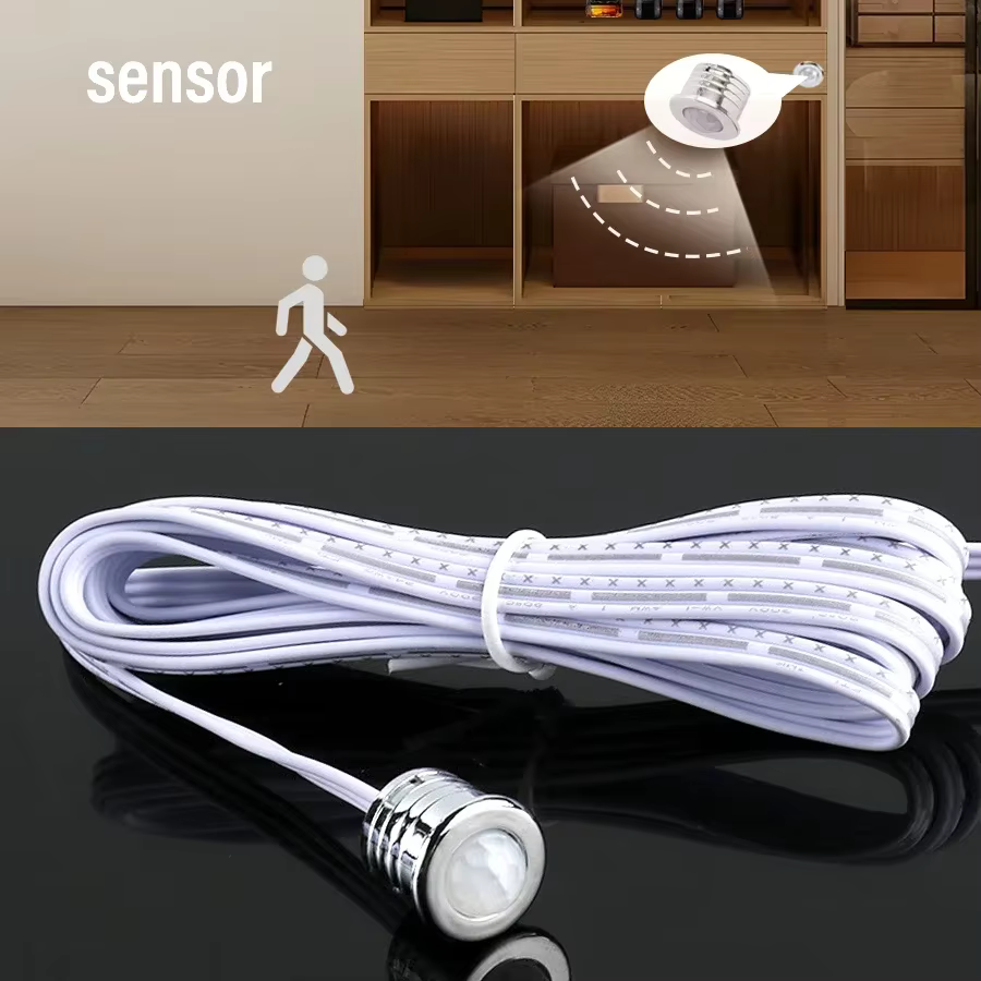 Bande lumineuse LED Cob 12V, 480 LED/m, sous-meuble, pénétration du bois et du verre, capteur, adaptateur d'alimentation à intensité variable, Port Dupont 24w-100w