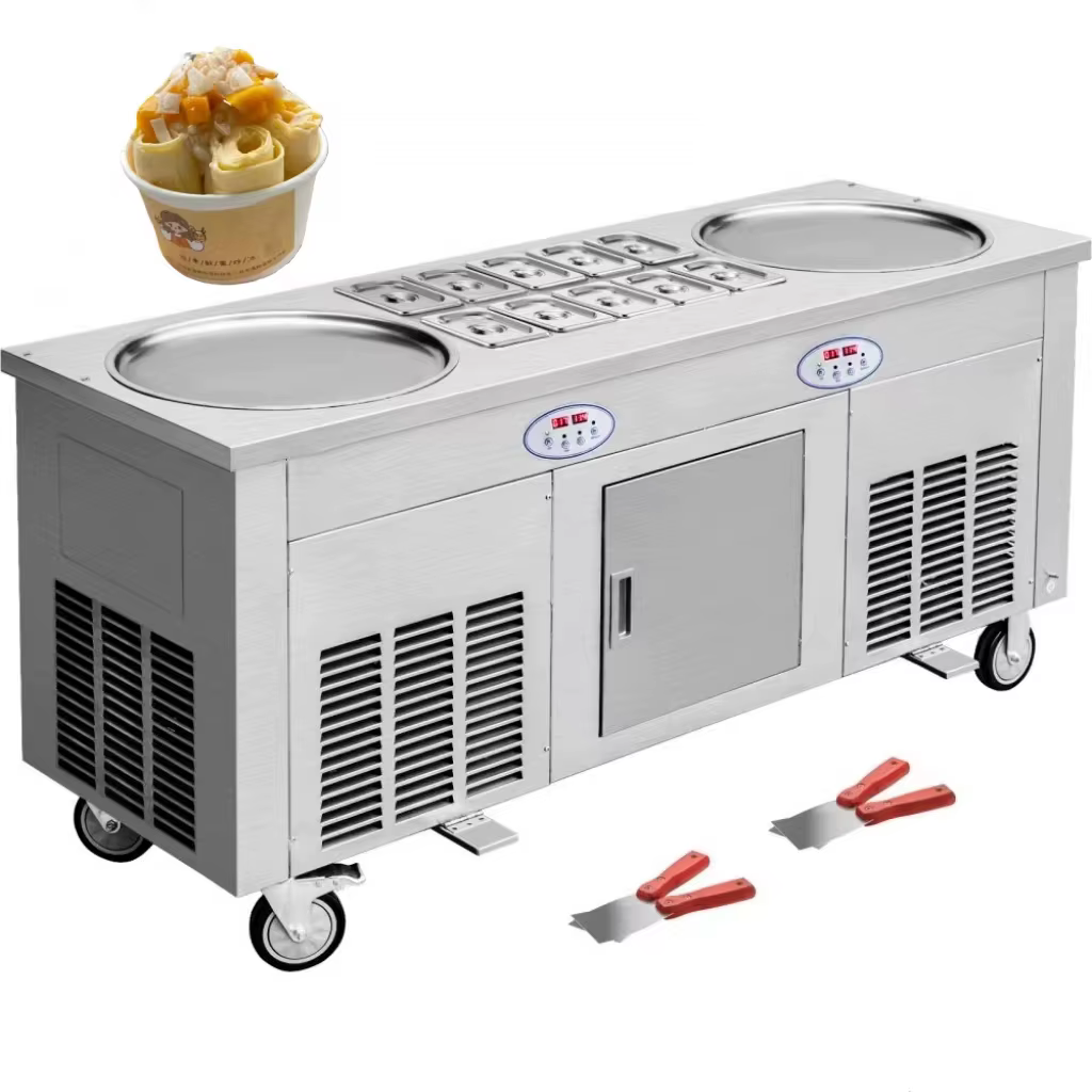 Machine à crème glacée en rouleau 2800 Watts Machine à rouleau de crème glacée à Double plaque avec armoire Machine à rouleau de crème glacée frite