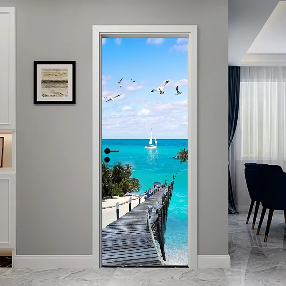 Autocollant Mural de porte 3D vue sur la mer plage