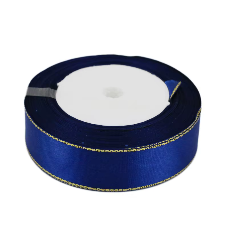 (25 Yards/Lot) Ruban en satin bleu foncé à bord doré Rubans d'emballage cadeau de haute qualité