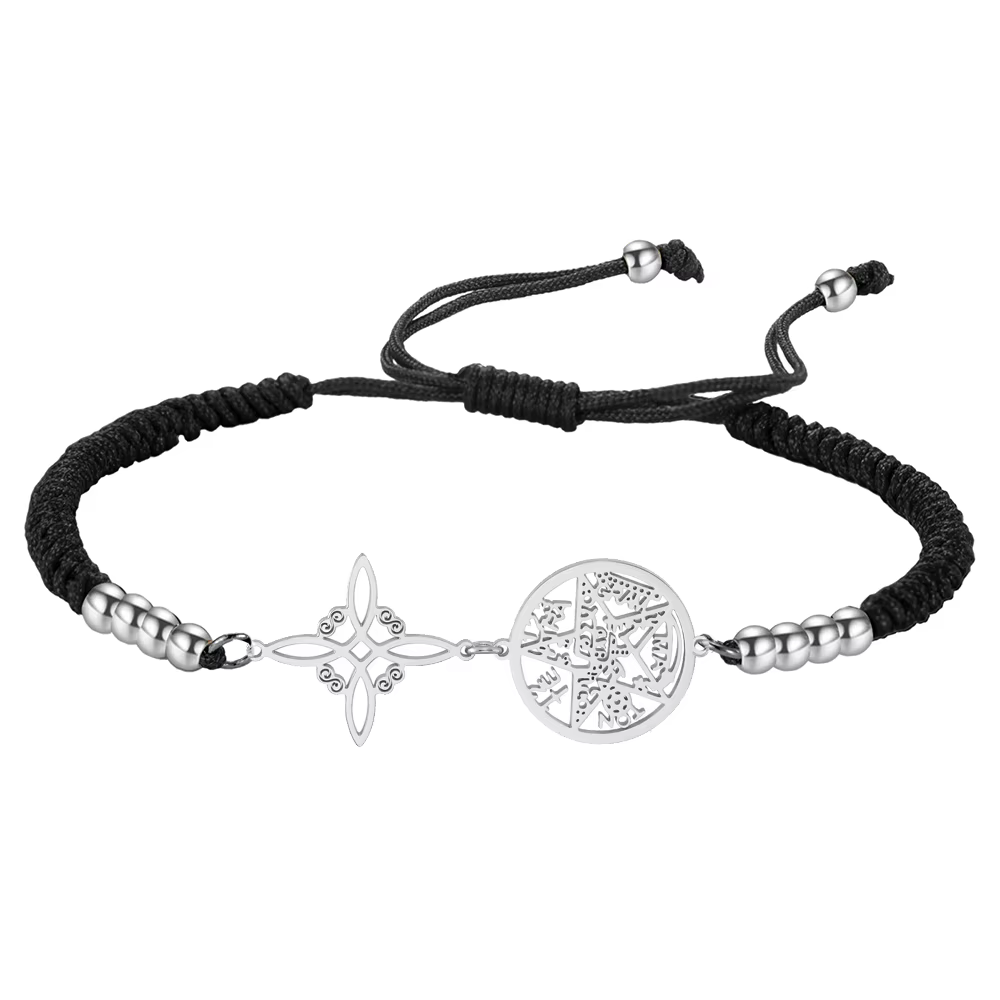 Bracelet Double protection avec nœud de sorcière, Tetragramaton, en acier inoxydable, pour femmes et hommes