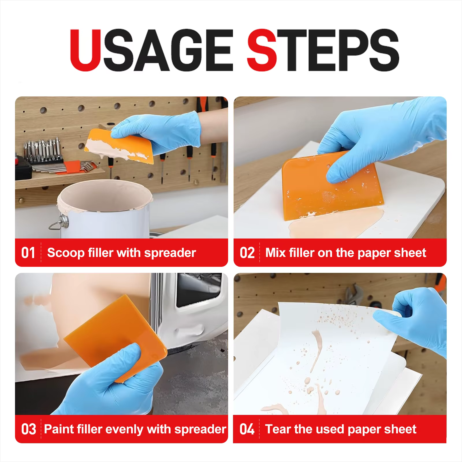 Spatules en plastique de 4/5/6 pouces avec papiers de ponçage mixtes pour l'application de mastic et de glaçage sur carrosserie automobile