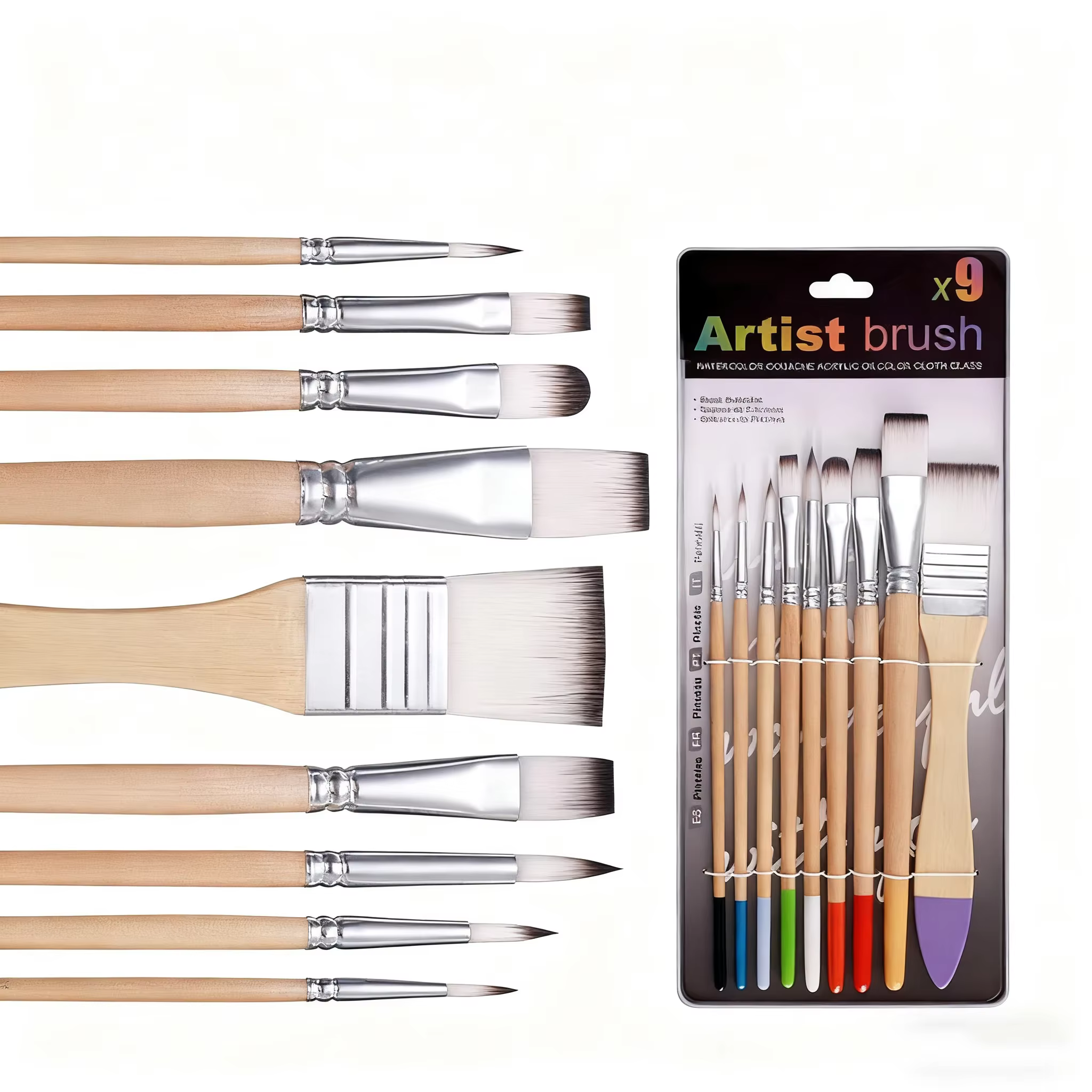 Ensemble de pinceaux pour débutants, 9 pièces, poils en Nylon pour toile, aquarelle, peinture à l'huile acrylique, outils de peinture d'artiste