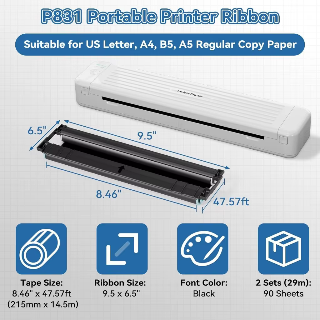 Ruban de transfert thermique Phomemo, 2 pièces, pour imprimante en papier A4 ordinaire Portable P831