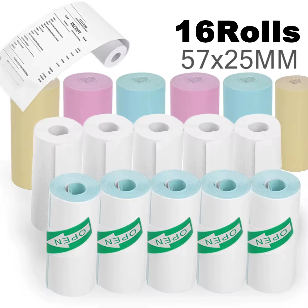 16 rouleaux de papier d'imprimante thermique 57x25mm papiers thermiques auto-adhésifs imprimantes d'étiquettes couleur HD pour Mini imprimante Portable sans encre