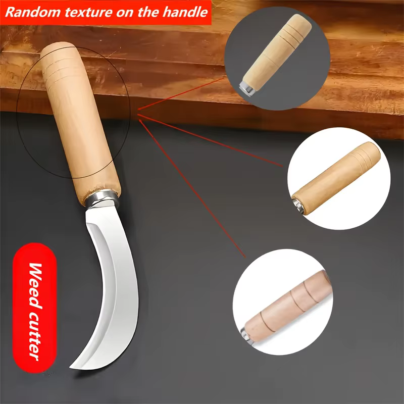 Couteau en acier inoxydable courbé avec manche en bois - Outil 2-en-1 pour le désherbage des jardins d'été, parfait pour une utilisation en extérieur