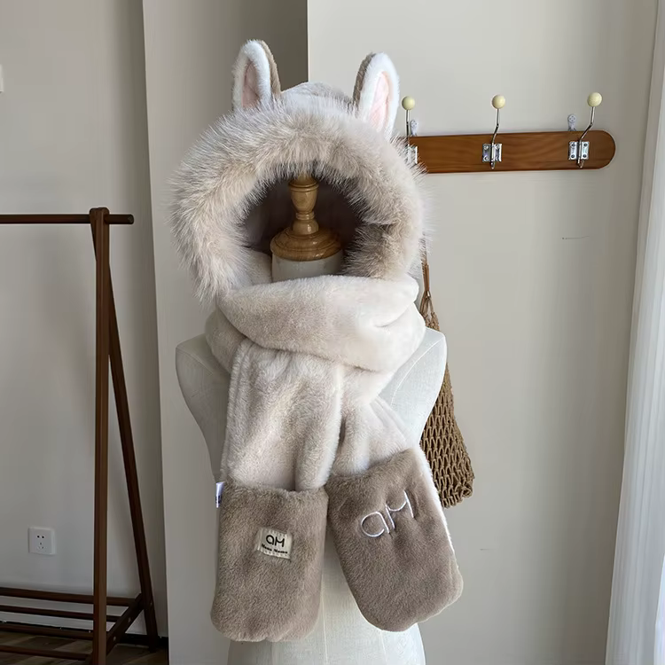 Chapeau de Ski en peluche renard, écharpe, gants, trois pièces pour femmes, chapeau d'hiver chaud, fourrure, équitation froide, Protection des oreilles en plein air