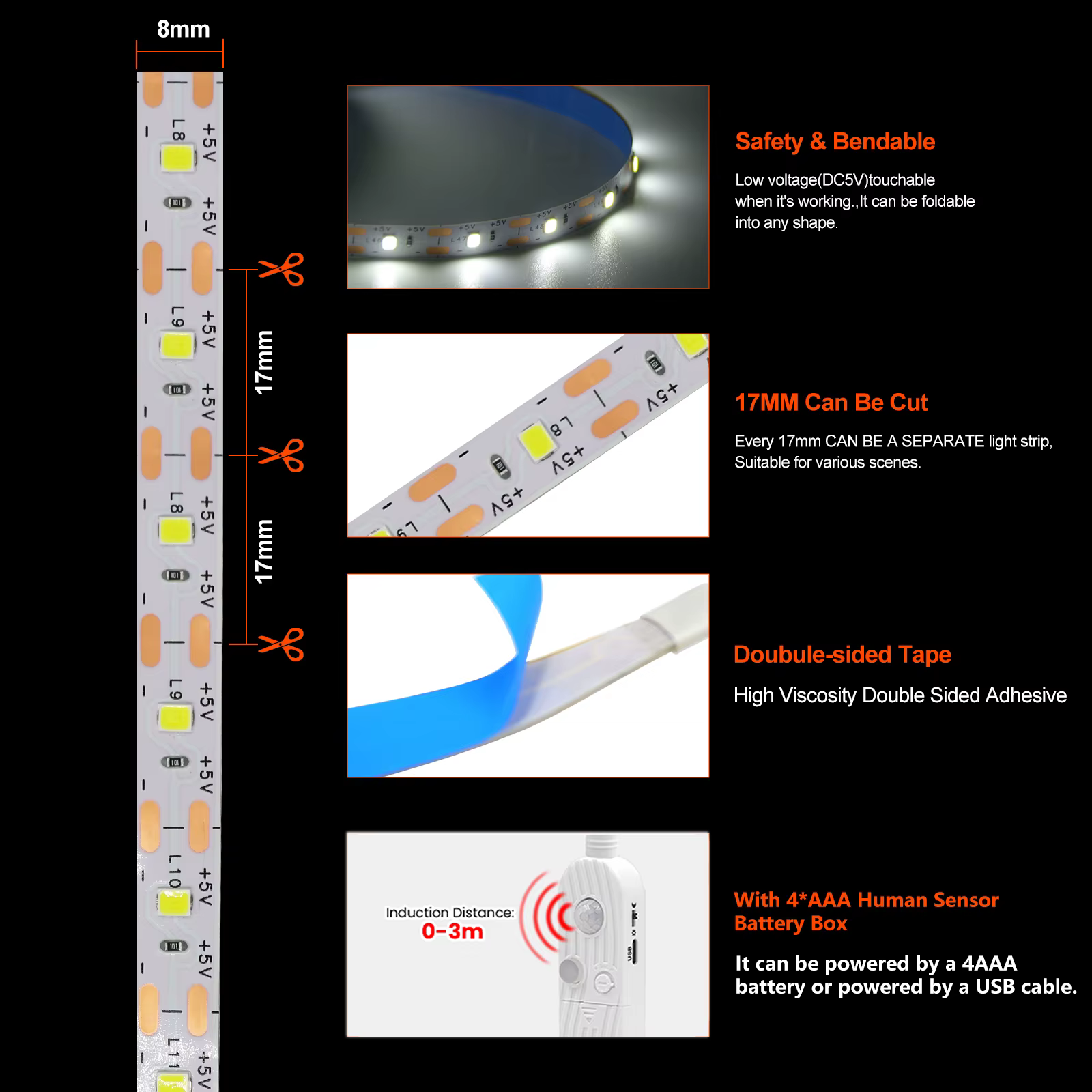 Bande lumineuse LED à détecteur de mouvement 0,5m 1m 2m 3m, éclairage de placard LED alimenté par batterie, lumière murale pour téléviseurs, lits, escaliers, armoires, décoration intérieure