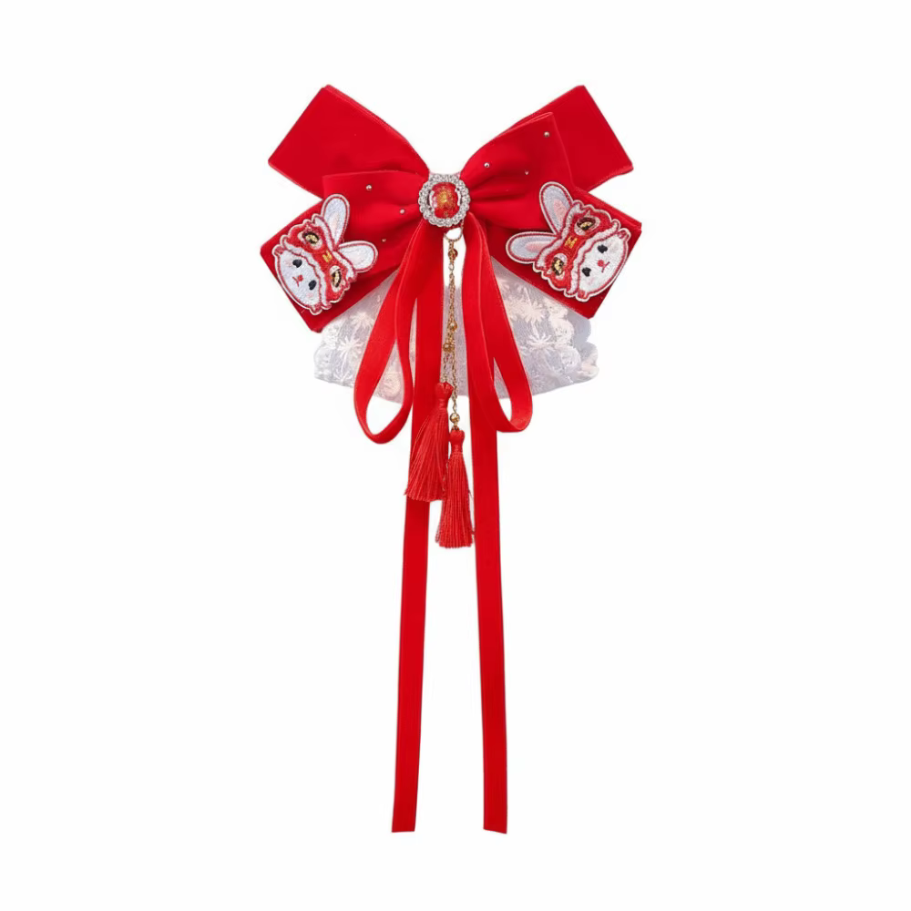 Pince à cheveux avec ruban à nœud rouge mignon, ruban à pampilles, épingle à cheveux pour nouvel an, Style Chienes Hanfu, ornement de cheveux, tresse