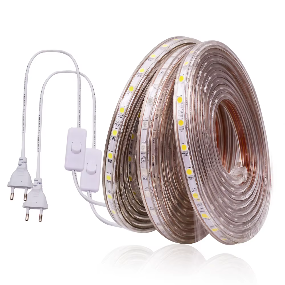 Bande lumineuse LED 5050 220V 110V 60LED, bande LED Flexible avec interrupteur marche/arrêt, ruban LED étanche blanc chaud pour la décoration de la maison