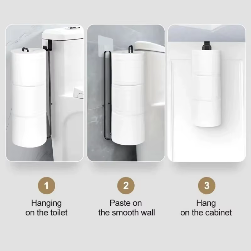 Porte-papier hygiénique auto-adhésif en fer noir, avec barre à serviettes, support mural sans perçage, support de rangement pour salle de bain
