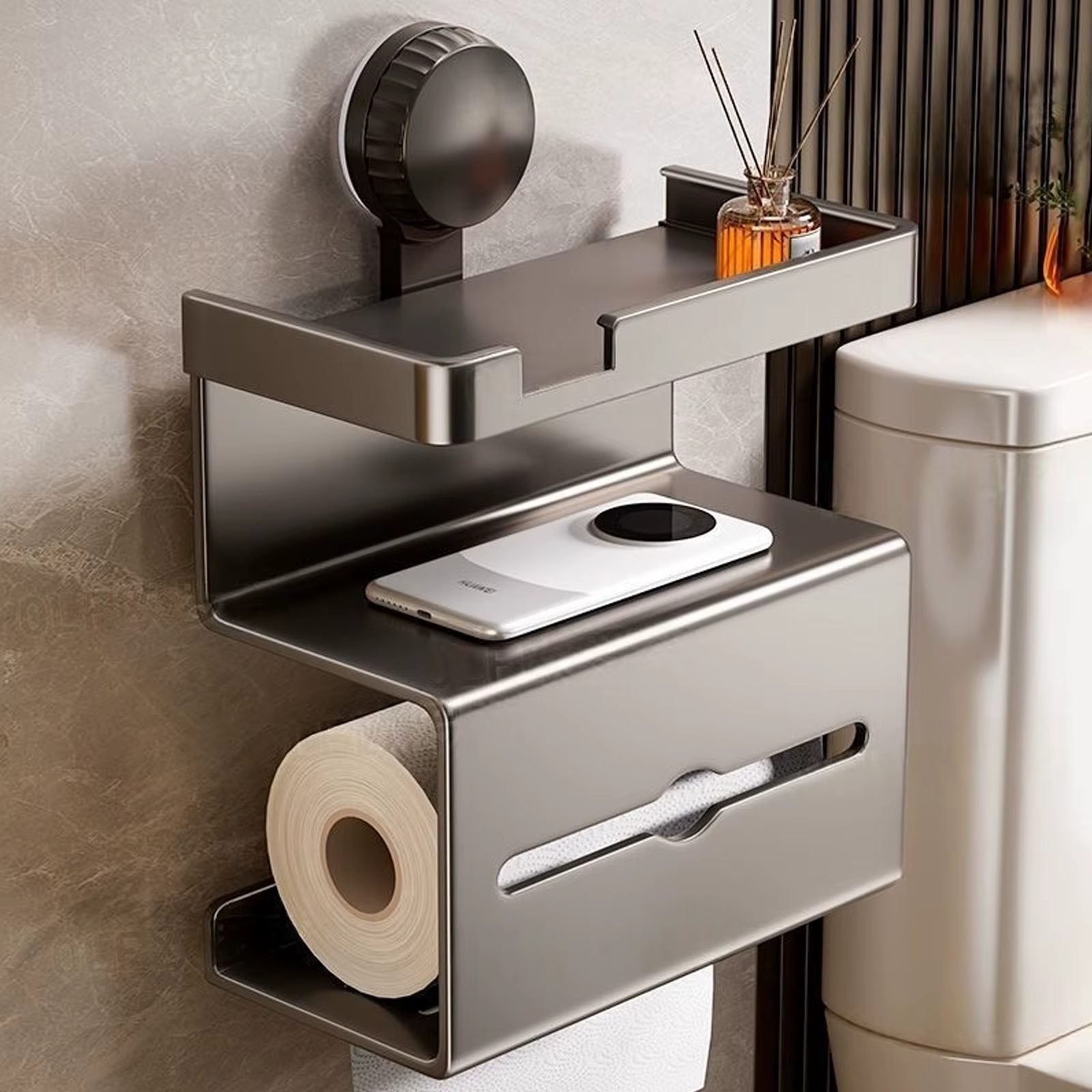 Porte-rouleau de papier toilette mural, distributeur de mouchoirs pour salle de bain, à ventouse/autocollant avec support de rangement, facile à installer