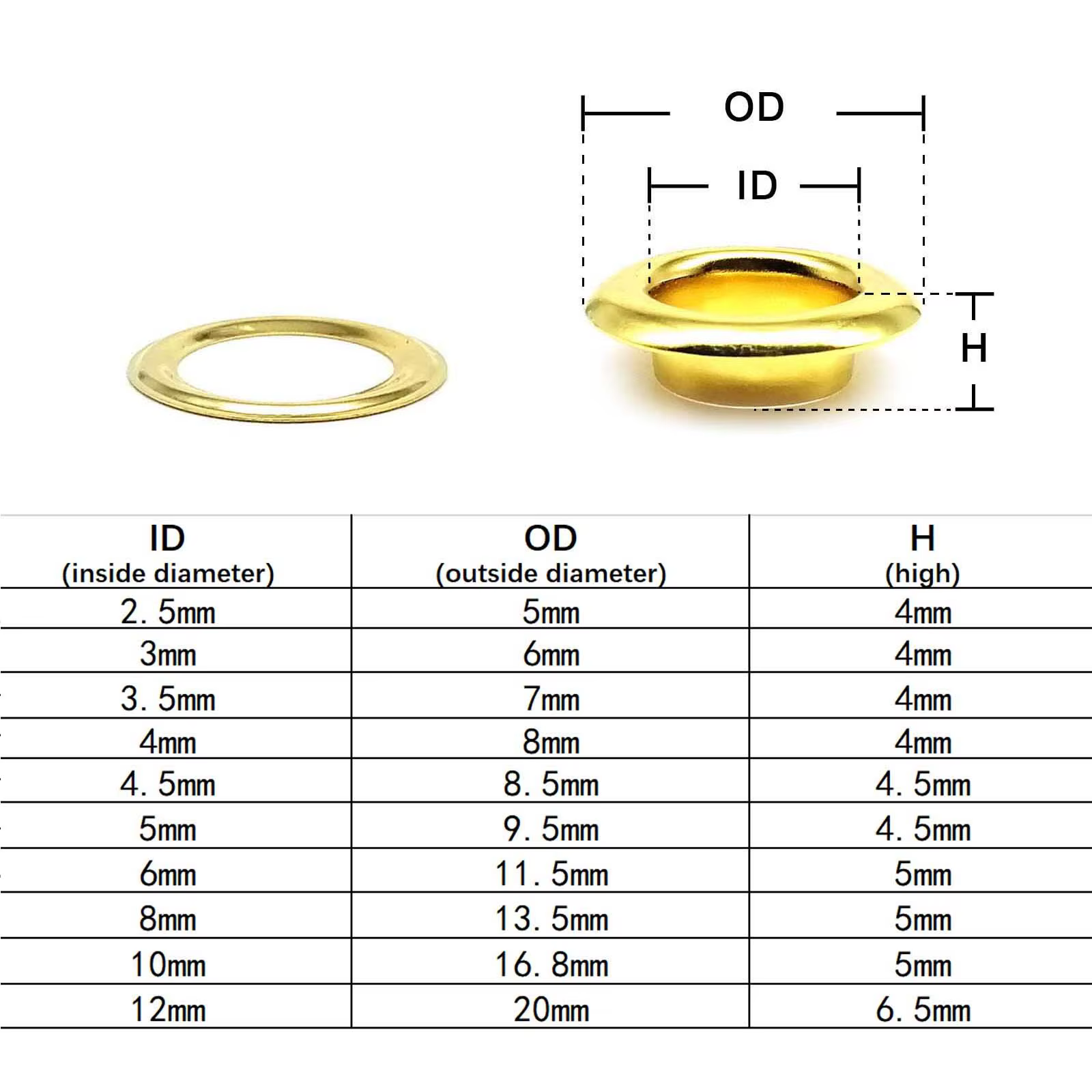 100 ensembles 2.5-12mm oeillet doré en métal de haute qualité avec rondelle œillet anneau trou d'air Rivet pour sac en cuir chaussures ceinture casquette vêtements