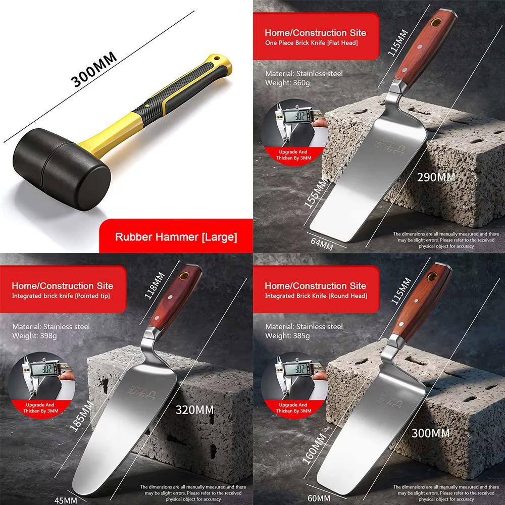 Truelle à briques à tête plate/pointue/ronde en acier inoxydable avec manche en bois