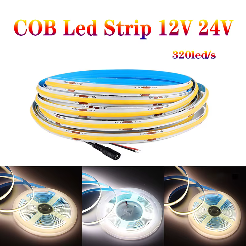 Bande lumineuse LED COB haute densité, diode flexible, ruban blanc chaud, 12V, 24 V, 320LED/m, 0.5m, 1m, 2m, 3m, 4m, 5m, 10m