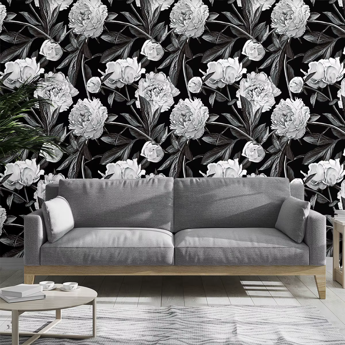 1 rouleau de papier peint cyclique à motifs floraux noir et blanc