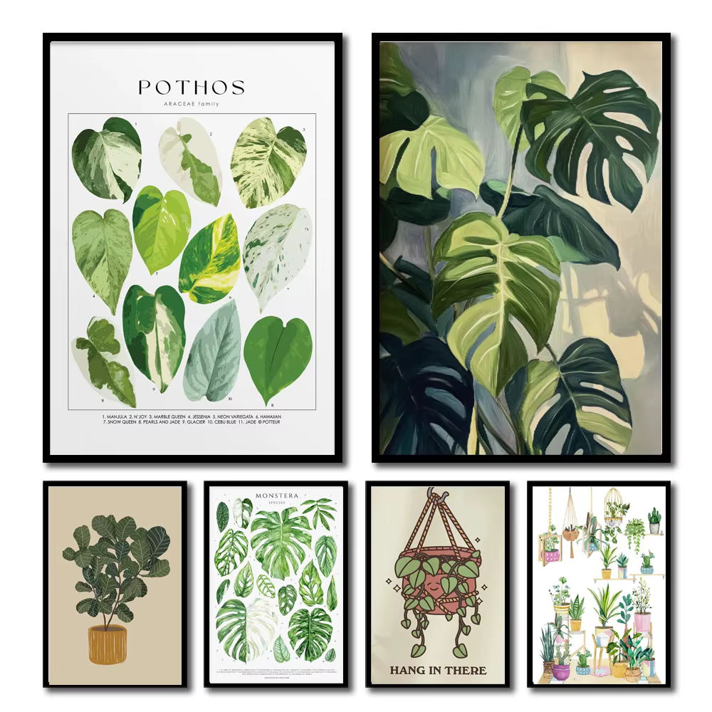 Toile murale à feuilles botaniques vertes, plantes d'intérieur naturelles, décoration de maison, feuillage apaisant et affiche d'intérieur de plantes