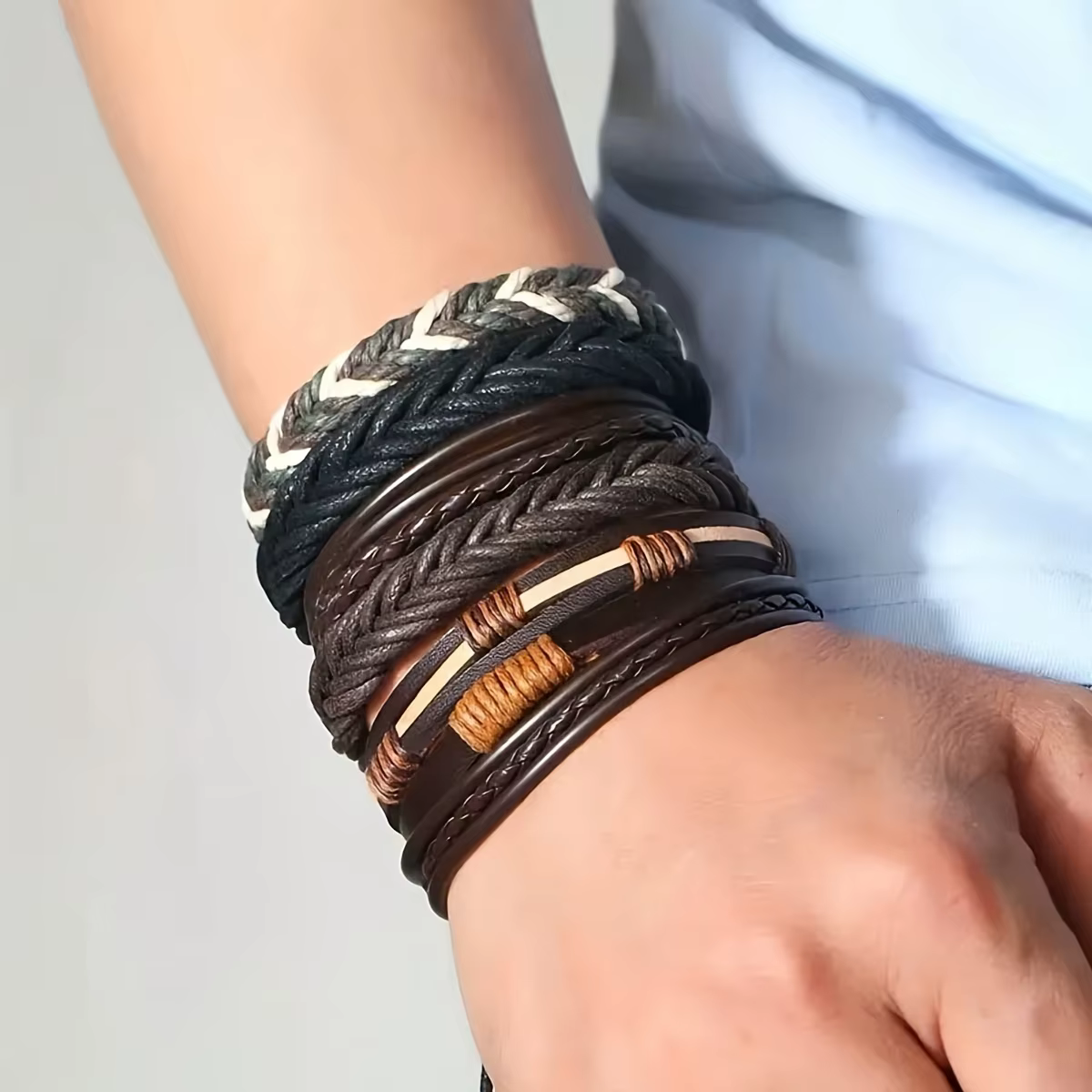20 pièces Bracelets en cuir tressé pour hommes femmes envelopper perles de bois manchette Bracelet cordons de chanvre ethnique Tribal fait à la main Wrap Bracelet
