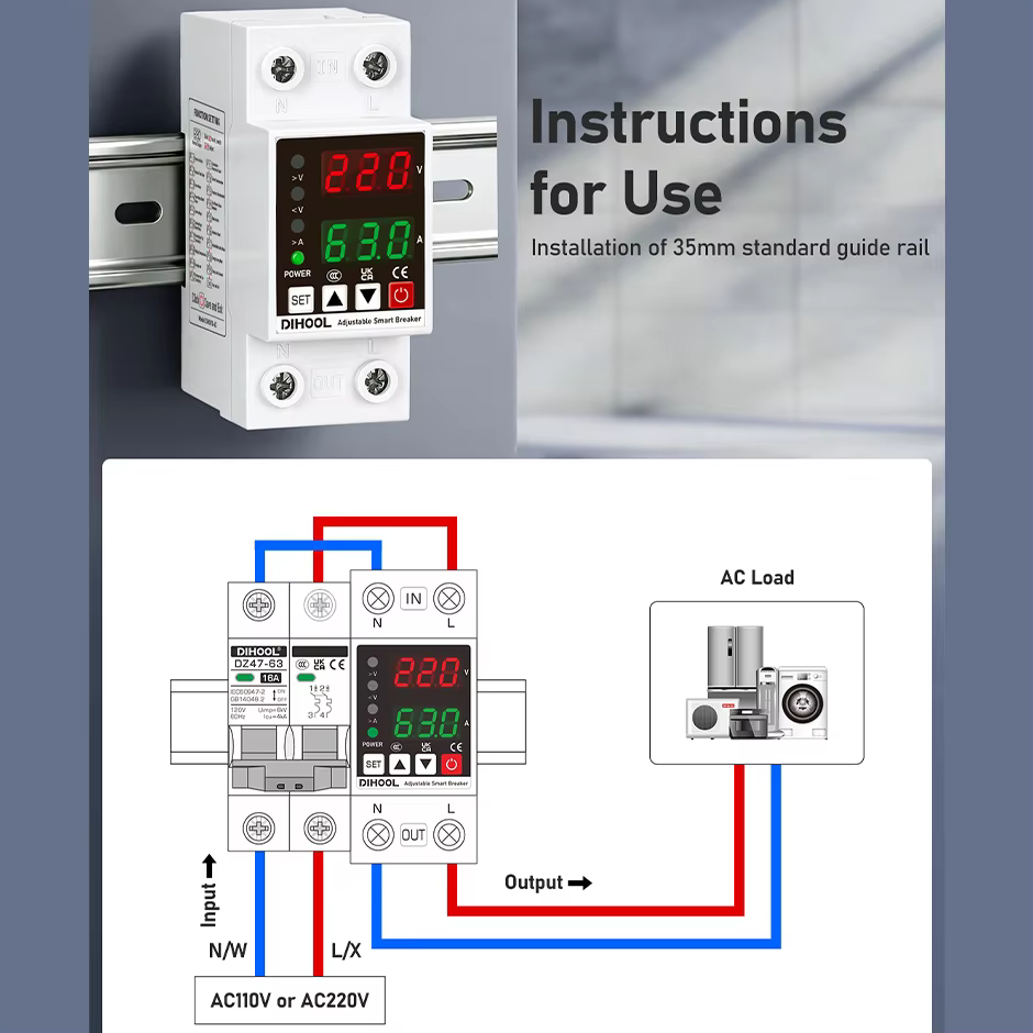 Protecteur de tension et de courant réglable 110/220V 80-300V Universel Monophasé AC DC Protection 1~63a Auto-réinitialisation
