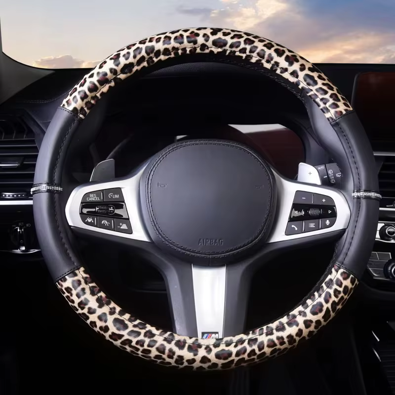 Housse de volant de voiture, motif léopard, antidérapante, 38 cm, Protection PU pour la plupart des voitures