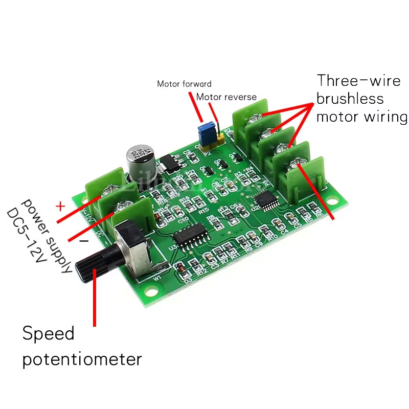 Carte contrôleur de pilote de moteur CC sans balais avec barrage, protection contre la tension et le courant, disque dur, fil 3/4, 5V, 12V
