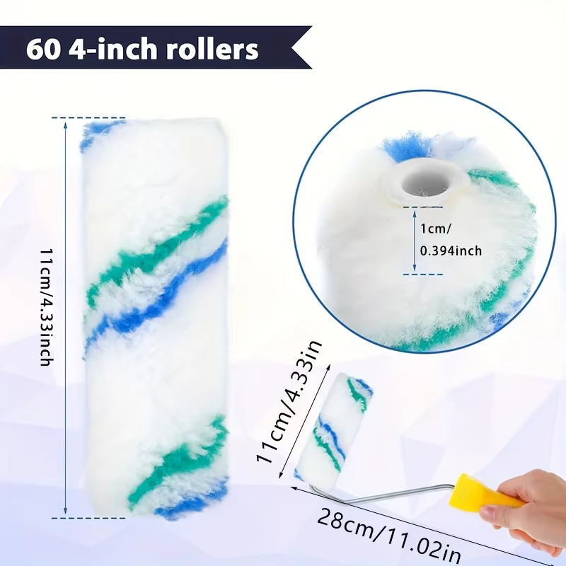 Mini rouleau de peinture couvre poignée avec 60 brosses à rouleaux 4 pouces petits