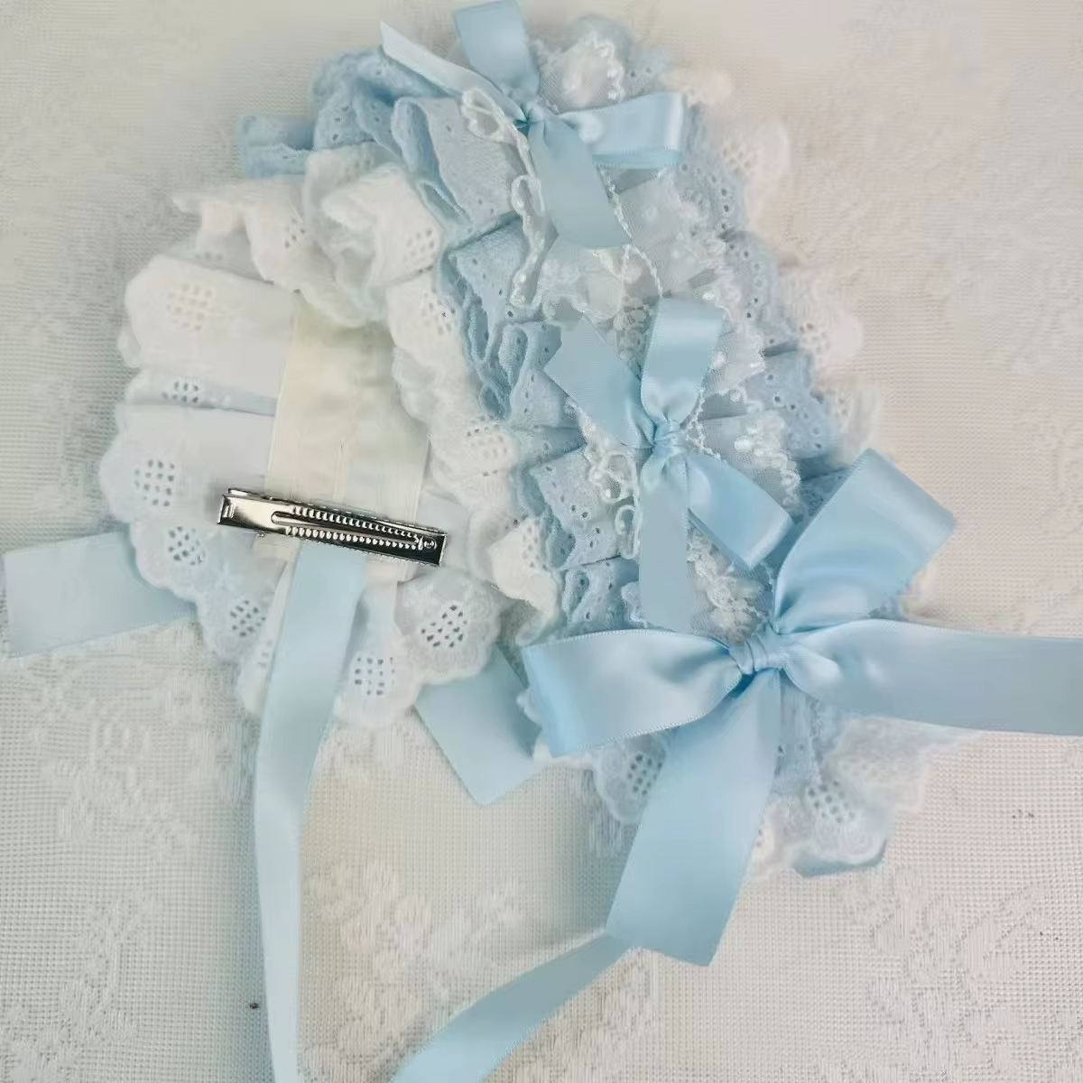 Bandeau à nœud en ruban avec épingles à cheveux pour filles, bandeau à volants en dentelle Lolita, broderie d'étoiles douces, coiffure de Cosplay de demoiselle d'honneur Anime