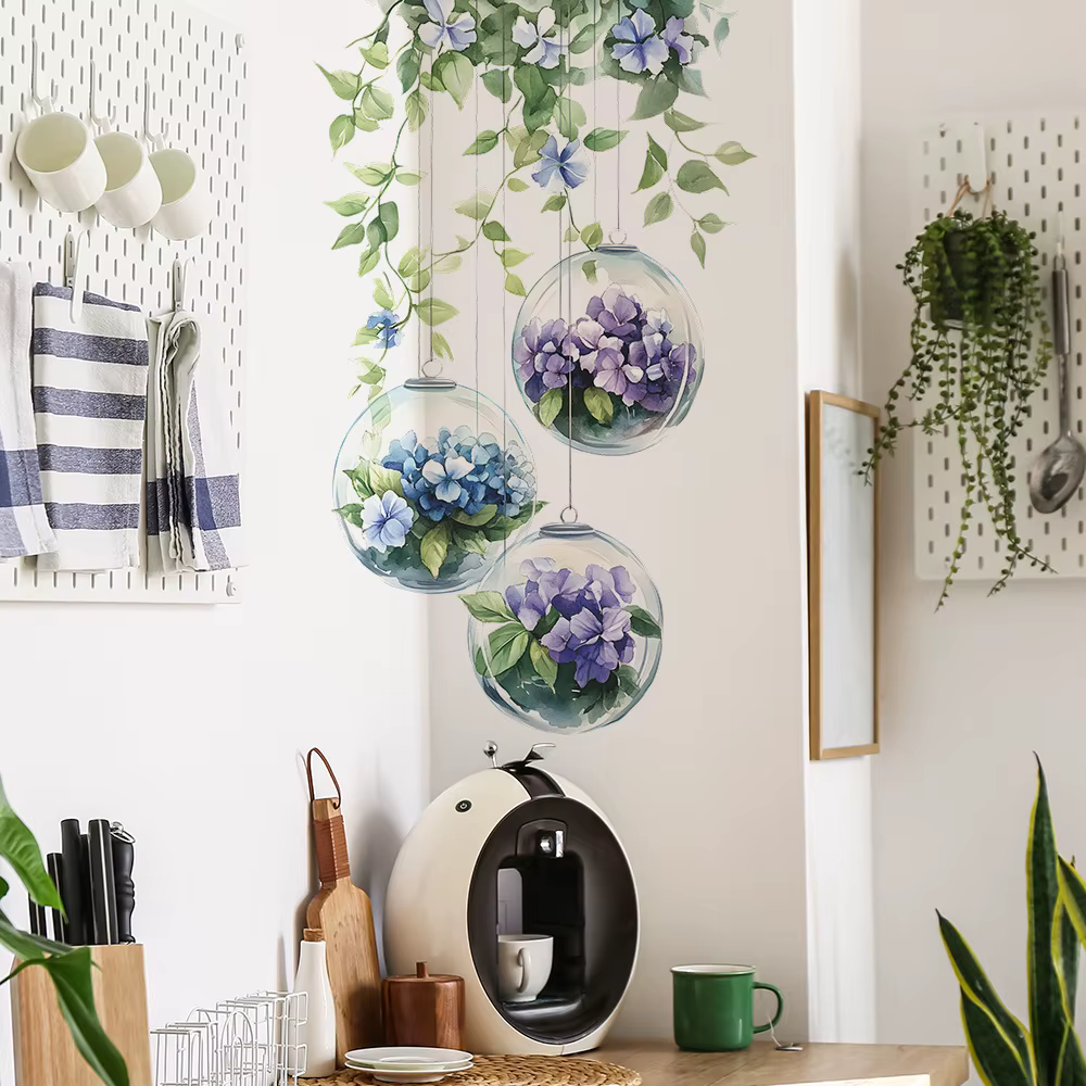 Autocollant mural fleur suspendue feuille verte