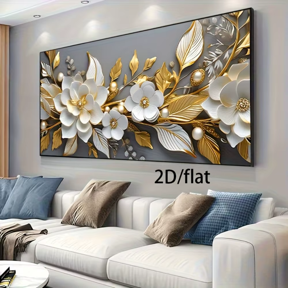 Impressions sur toile abstraites de fleurs blanches et dorées plates 2D