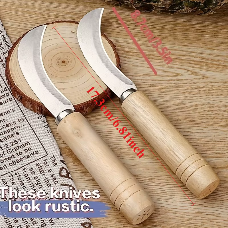 Couteau en acier inoxydable courbé avec manche en bois - Outil 2-en-1 pour le désherbage des jardins d'été, parfait pour une utilisation en extérieur