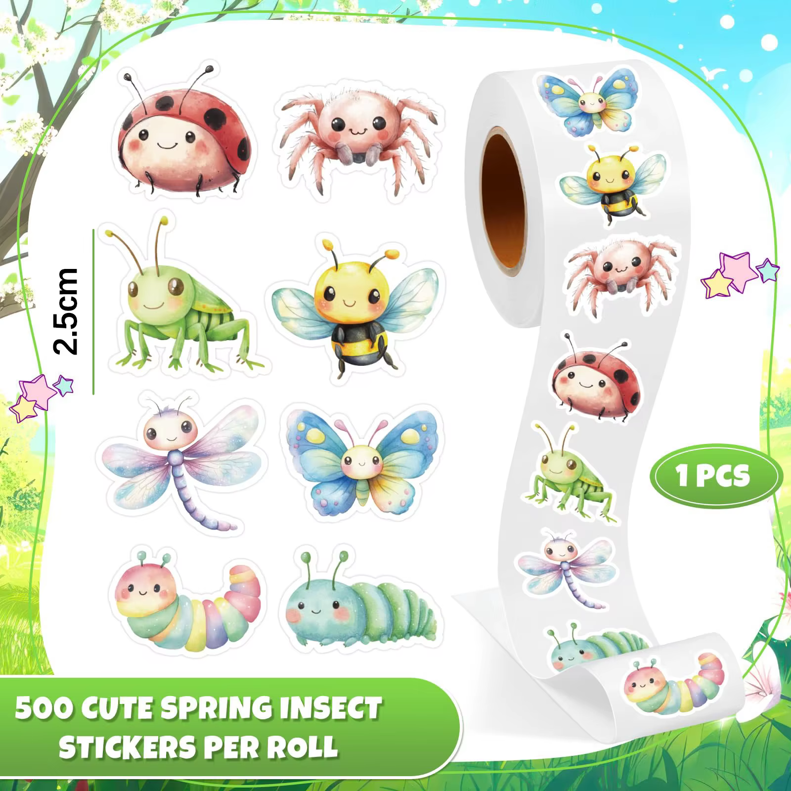 1 rouleau d'autocollants d'insectes printaniers
