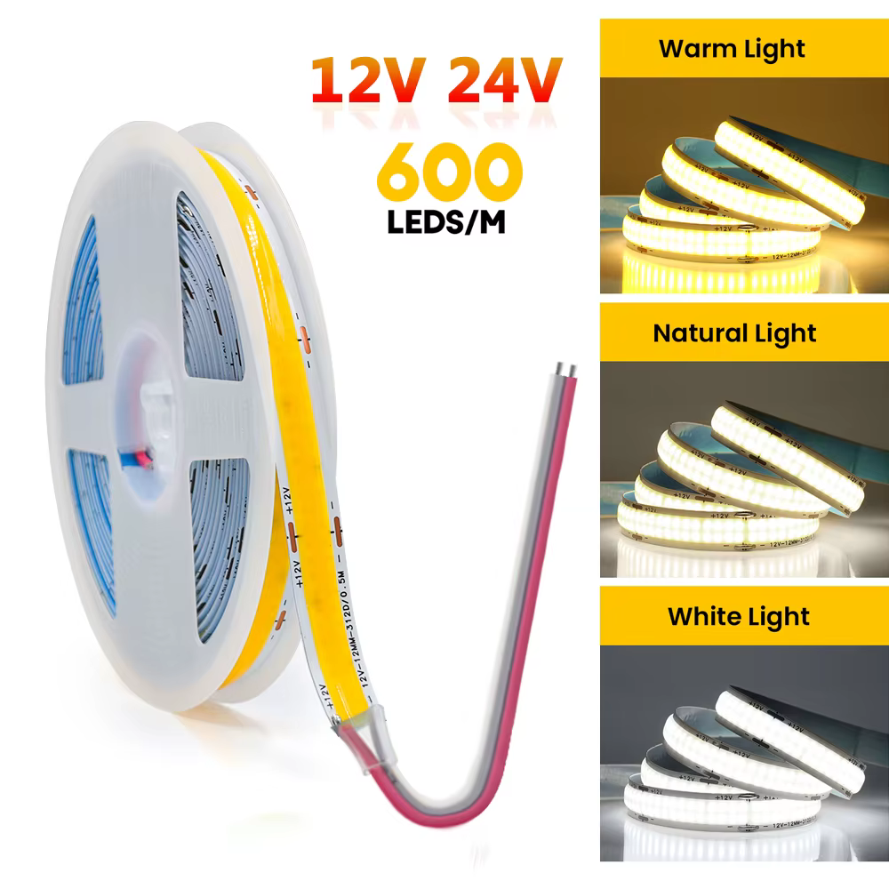 Bande lumineuse flexible à LED COB, 12V, 24V, 600 gible/m, haute luminosité, FOB, double nucléoRA90, 3000K, 4000K, 6000K, intensité variable