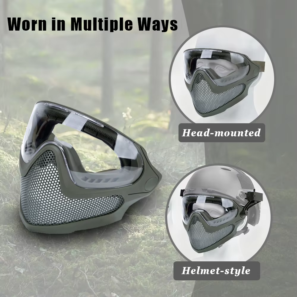 Masque facial complet Airsoft, masque de casque, ensemble de lunettes de Protection Anti-buée, maille en acier respirante, masque facial de Protection pour Wargame