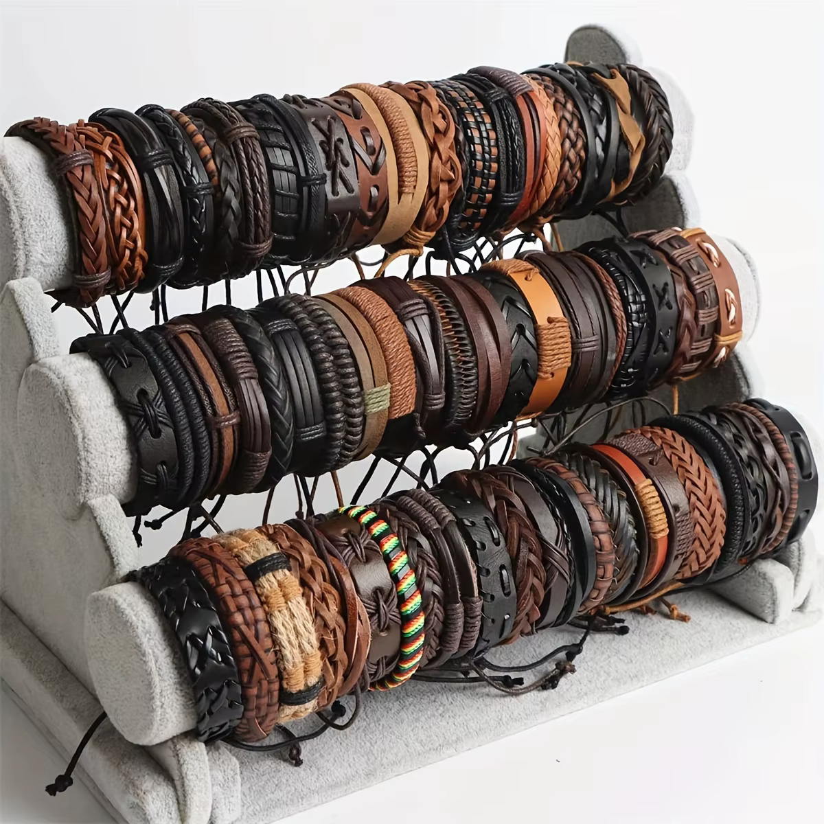 20 pièces Bracelets en cuir tressé pour hommes femmes envelopper perles de bois manchette Bracelet cordons de chanvre ethnique Tribal fait à la main Wrap Bracelet